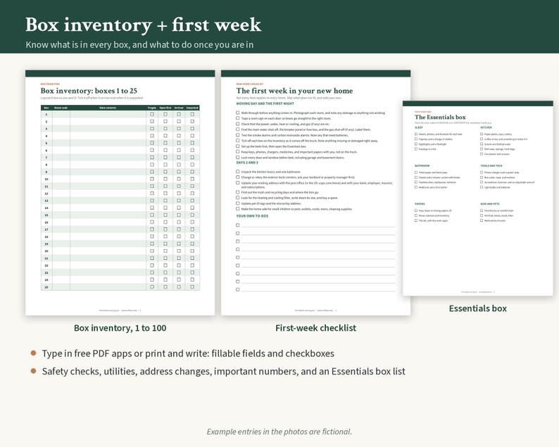May include: A set of three printable documents featuring a box inventory list for boxes 1 to 25, a first-week checklist for a new home, and an essentials box list. Each page includes checkboxes and fillable fields with dark green headers.