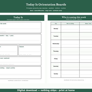Puede incluir: Un conjunto de tableros de orientación imprimibles que incluye un tablero Today Is con secciones para día, fecha, clima, estación y visitantes, además de un calendario semanal con columnas para día, visitante y notas, en verde oscuro y blanco.