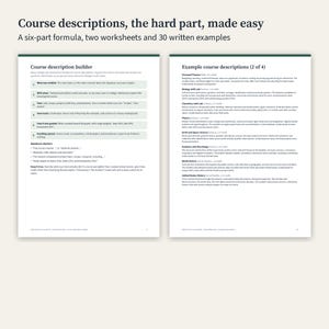 May include: Two white pages of a course description guide titled Course descriptions, the hard part, made easy. The left page features a course description builder with a six-part formula, while the right page lists example course descriptions.