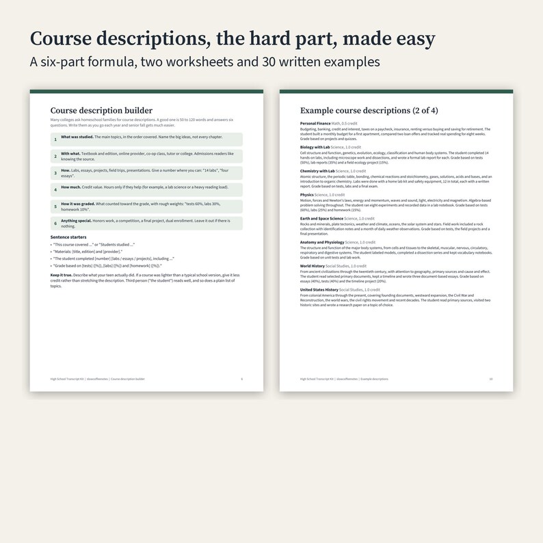 May include: Two white pages of a course description guide titled Course descriptions, the hard part, made easy. The left page features a course description builder with a six-part formula, while the right page lists example course descriptions.