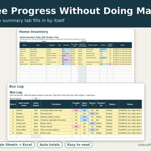 May include: A digital spreadsheet template for home inventory and box logging. The interface features dark blue headers with white text, including labels like Home Inventory, Box Log, and See Progress Without Doing Math. It includes columns for items, categories, values, and status, with rows filled with example data.