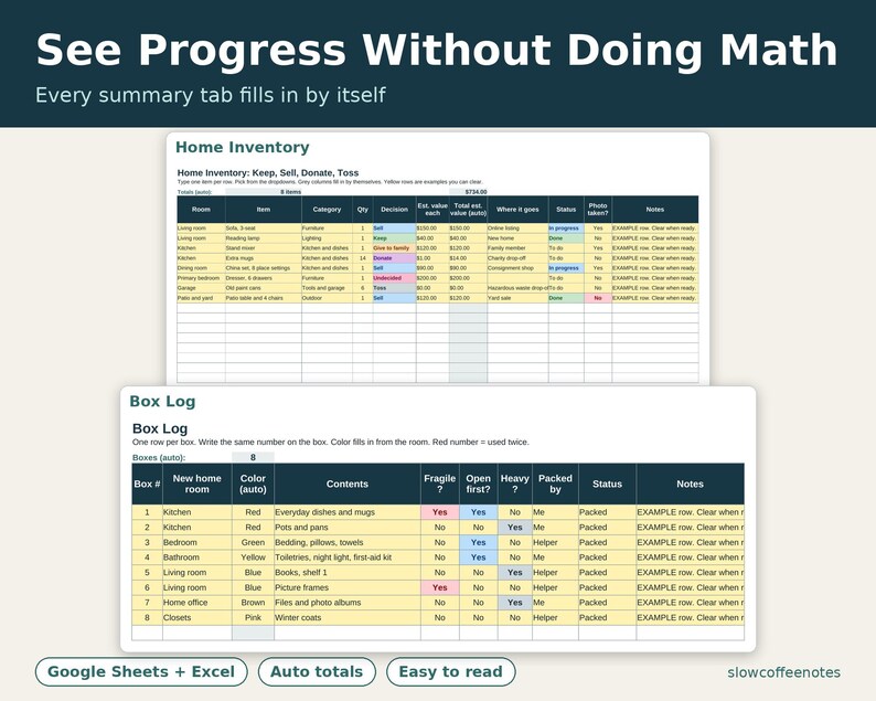 May include: A digital spreadsheet template for home inventory and box logging. The interface features dark blue headers with white text, including labels like Home Inventory, Box Log, and See Progress Without Doing Math. It includes columns for items, categories, values, and status, with rows filled with example data.