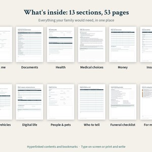 May include: A digital planner with 13 sections and 53 pages, featuring the text What's inside: 13 sections, 53 pages. The layout includes forms for About me, Documents, Health, Medical choices, Money, Insurance, Home & vehicles, Digital life, People & pets, Who to tell, Funeral checklist, and For my family.