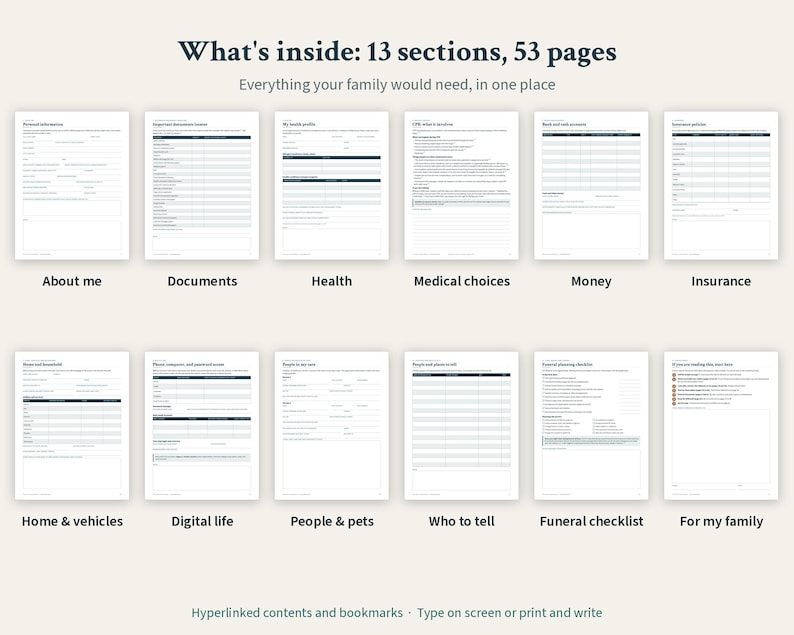 May include: A digital planner with 13 sections and 53 pages, featuring the text What's inside: 13 sections, 53 pages. The layout includes forms for About me, Documents, Health, Medical choices, Money, Insurance, Home & vehicles, Digital life, People & pets, Who to tell, Funeral checklist, and For my family.