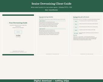 May include: A digital Senior Downsizing Client Guide document featuring a cover page titled Your Downsizing Guide, a page outlining a downsizing timeline with checklists, and a page detailing a sorting system for keeping, gifting, selling, or donating.