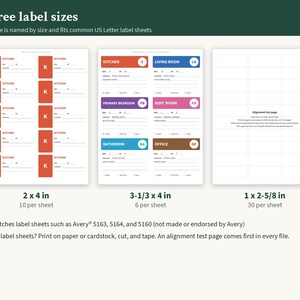 May include: Three digital label sheet templates for US Letter paper. The first shows ten 2x4 inch labels, the second shows six 3-1/3x4 inch labels with room names, and the third is an alignment test page with thirty 1x2-5/8 inch blank labels.