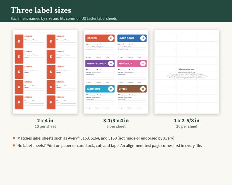 May include: Three digital label sheet templates for US Letter paper. The first shows ten 2x4 inch labels, the second shows six 3-1/3x4 inch labels with room names, and the third is an alignment test page with thirty 1x2-5/8 inch blank labels.