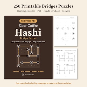 Hashi Puzzles Printable, 250 Bridges Logic Puzzles PDF, Large Print Hashiwokakero, Easy to Very Hard, Answers, Puzzles for Adults image 1
