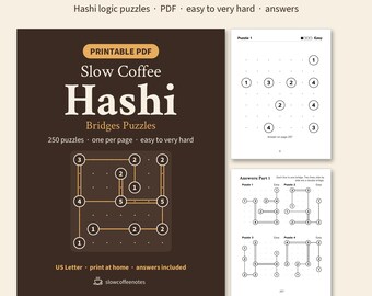 Hashi Puzzles Printable, 250 Bridges Logic Puzzles PDF, Large Print Hashiwokakero, Easy to Very Hard, Answers, Puzzles for Adults