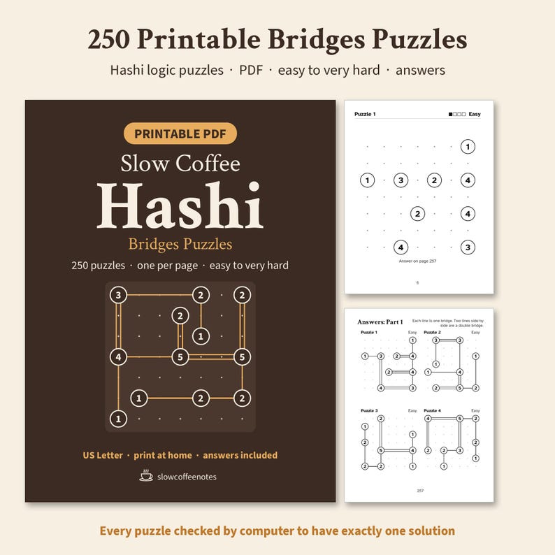 Hashi Puzzles Printable, 250 Bridges Logic Puzzles PDF, Large Print Hashiwokakero, Easy to Very Hard, Answers, Puzzles for Adults image 1