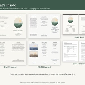 Puede incluir: Un conjunto de plantillas para programas funerarios que incluye tres dise&ntilde;os: un folleto de cuatro paneles, un tr&iacute;ptico de seis paneles y una hoja individual. Incluye una gu&iacute;a de 14 p&aacute;ginas y una lista de verificaci&oacute;n con ilustraciones de monta&ntilde;as.