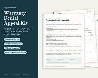 Könnte beinhalten: Ein 9-seitiges druckbares PDF-Kit für den Einspruch gegen Garantieablehnungen bei Kreditkarten. Das Dokument enthält bearbeitbare Brieftemplates, ein Beweisarbeitsblatt sowie einen Entwurf für Nachfassaktionen bei physischen oder Unfallschäden.