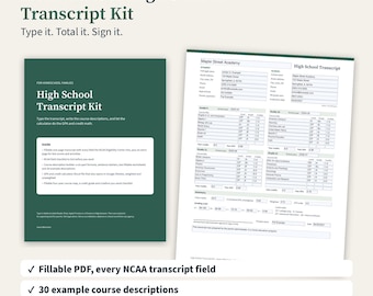 May include: A Homeschool High School Transcript Kit featuring a dark green cover page with white text and a white document page showing a completed high school transcript for Maple Street Academy with academic fields and GPA calculations.