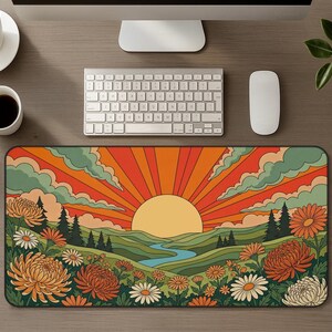 Retro Sunset Sunrise Floral Desk Mat, Groovy 1970s Pop Art Nouveau Mouse Pad, Vintage Orange Sunburst Landscape, Nature Office Decor Gift