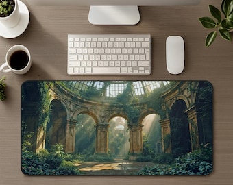 Tappetino da scrivania con motivo "Calm Botanical Conservatory", grande tappetino per mouse con estetica naturalistica, decorazione per ufficio, tappetino per mouse da gioco con motivo "Forest Ruin Greenhouse", regalo per amanti delle piante
