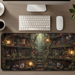 Gemütliche Bücherwurm Schreibtischmatte, Waldbibliothek Mauspad, Niedliche Waldtiere Natur Cottagecore Gaming Büro Dekor Accessoire