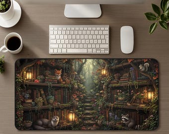 May include: A rectangular desk mat featuring a detailed illustration of a forest library with wooden shelves filled with books, glowing lanterns, climbing vines, and woodland animals including a fox, an otter, a raccoon, and a squirrel.