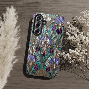 Stained Glass Iris Tough Phone Case, Art Nouveau Floral Iridescent Elegant Purple Teal Botanical Aesthetic, iPhone Galaxy Pixel Cover Gift