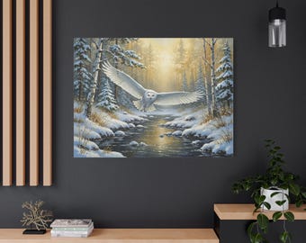 Snowy Owl Canvas Wall Art, Winter Forest Wildlife Oil Painting Style, Nature Decor White Snow Owl Print, Rustic Lodge Woodland Cabin Gift
