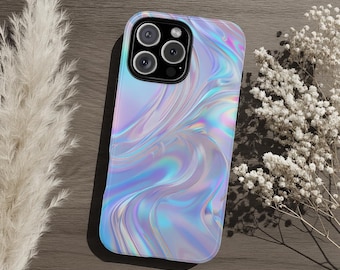 Iridescent Holographic Look Tough Phone Case, Rainbow Swirl Aesthetic, Dual Layer Protective iPhone Samsung Galaxy Google Pixel Cover Gift
