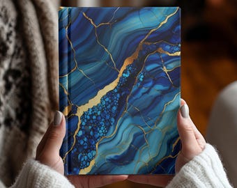 Notizbuch mit blauem Marmormuster und goldener Maserung, luxuriöses, modernes und minimalistisches Schreibtagebuch, elegantes Notizbuch mit Linien – das perfekte Geschenk für Dankbarkeitsnotizen