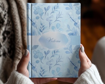 Personalized Blue Floral Hardcover Journal, Custom Name Notebook Customized Book Daily Writing Reading Travel Prayer Journaling Gift for Her