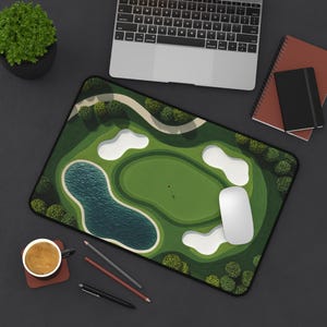 Golf Course Large Desk Mat, Textile-like look Home Office Decor, Golf Lover Mouse Pad, Golf Fairway Green Mousepad, Golfer Office Gift Idea image 7
