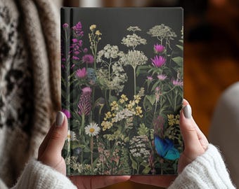 Dark Cottagecore Wildflower Hardcover Journal Notebook Writing Diary, Botanical Lined Gratitude Book for Everyday Journaling Notes, Gift