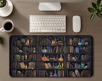 Gothic Bookish Desk Mat, Dark Academia Mouse Pad, Witchy Decor Large Gaming Mousepad, Spooky Library Aesthetic Witchy Desk Accessory PC Gift
