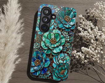 Türkisfarbene Handyhülle mit floralem Buntglasmuster, botanische Mosaikblumen-Hülle, zweilagiger Schutz für iPhone, Samsung Galaxy und Pixel – ein ästhetisches Geschenk im Gartenstil