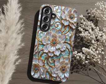 Robuste Handyhülle mit Perlmutt-Blumenmuster, schimmerndes Blumenmuster und goldene Filigranarbeit, botanische Schutzhülle für iPhone, Samsung Galaxy und Pixel – das perfekte Geschenk für Sie!