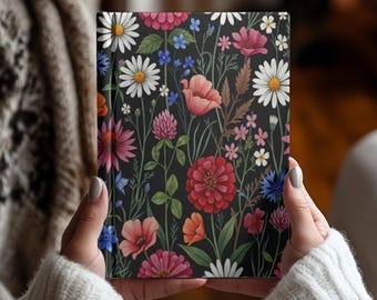 Cuaderno de tapa dura con diseño botánico de flores silvestres, diario floral estilo cottagecore, cuaderno de agradecimiento con líneas, notas para diario, regalo