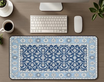 Persian Rug Themed Large Desk Mat, Blue Sapphire White Floral Vintage Pattern Mouse Pad, Office Decor, Boho Aesthetic Mousepad, Unique Gift