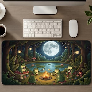 Alfombrilla de ratón extragrande con diseño de ranas, hongos y banjo en el bosque, ideal como regalo para gamers.
