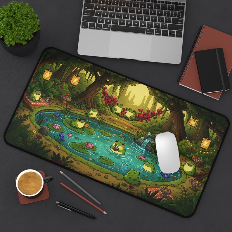 Cottagecore Frog Pond XL Desk Mat, Gaming Mouse Pad Home Decor, Cute Frogs Pool Party Nature Mousepad, Lush Green Forest Aesthetic Gift image 10