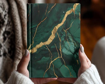 Green Marble Gold Vein Hardcover Journal Notebook, Luxury Modern Minimalist Aesthetic Writing Diary, Elegant Lined Gratitude Notes Book Gift
