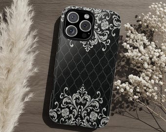 Elegant Black Damask Tough Phone Case, Vintage Floral Pattern, Gothic Baroque Dual Layer iPhone Samsung Galaxy Pixel Protective Cover Gift