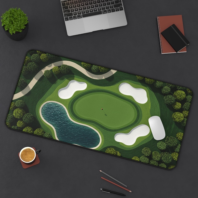 Golf Course Large Desk Mat, Textile-like look Home Office Decor, Golf Lover Mouse Pad, Golf Fairway Green Mousepad, Golfer Office Gift Idea image 5