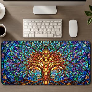 Tree of Life Stained Glass Mosaic Desk Mat, Vibrant Celestial Botanical Mouse Pad, Spiritual Boho Sacred Zen XL Gaming Mousepad Gift For Her