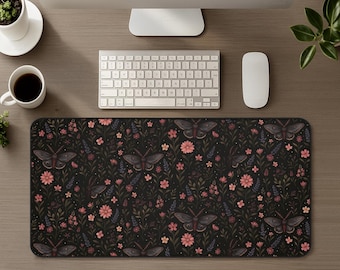 Dark Academia Moth Desk Mat, Moody Aesthetic Gothic Butterfly Mouse Pad, Witchy Floral Goth Cottagecore Office Decor Gaming Mousepad Gift