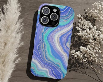 Purple Turquoise Marble Swirl Look Tough Phone Case, Trendy Glitter Vein Luxe Protective Cover for iPhone Samsung Galaxy Google Pixel Gift