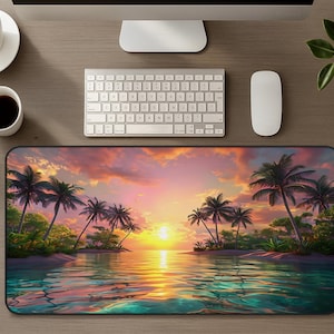 Tropical Lagoon Sunset Desk Mat , Beach Palm Trees Mouse Pad, Serene Ocean Sunset Office Decor, Gaming Deskpad, Summer Vibes Mousepad Gift
