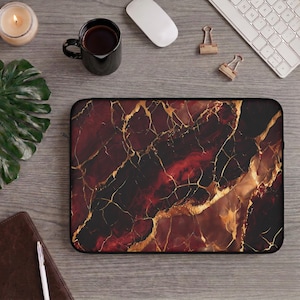 Rood en goud marmeren laptophoes, luxe abstracte tablethoes, elegante computerhoes, modern patroon luxe chique esthetische pc-draagtas cadeau