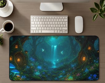 Mystic Fairy Forest Desk Mat, Mystical Glowing Mushrooms, Enchanted Trees, Magical Waterfall Fantasy XL Cute Fairycore Artistic Mouse Pad