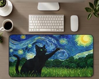 Cute Starry Night Black Cat Desk Mat, Large Mouse Pad Gaming Print Office Decor, Celestial Sky Vincent Van Gogh Art Inspired Mousepad Gift