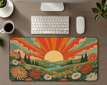 Retro Sunset Sunrise Floral Desk Mat, Large Mouse Pad Hippie Landscape Home Office Decor, 1970s Pop Art Nouveau, Nature Gaming Mousepad Gift