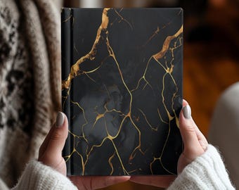 Notizbuch mit Hardcover und Goldaderung in schwarzem Marmor-Design, luxuriöses, modernes und minimalistisches Schreibtagebuch, elegantes Notizbuch mit Linien – das perfekte Geschenk für Dankbarkeitsnotizen