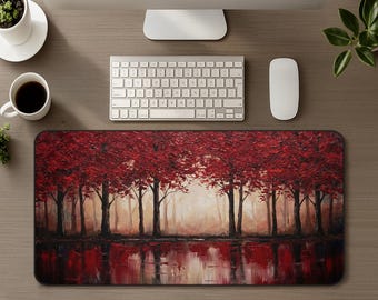 Red Autumn Forest Desk Mat, Abstract Landscape Mouse Pad, Fall Tree Lake Reflection Aesthetic, Nature Office Decor XL Gaming Mousepad Gift