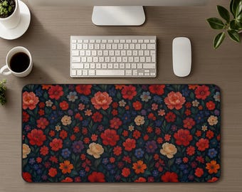 Maximalist Dark Floral Desk Mat Painterly Vintage Mouse Pad Bold Office Wildflower Cottagecore Flower Gaming Mousepad Decor Gardener Gift
