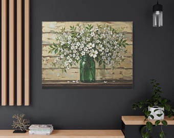 White Floral Farmouse Canvas Wall Art, Rustic Decor Delicate Country Flower Painting, Vintage Cottagecore Botanical Print, Shabby Chic Gift